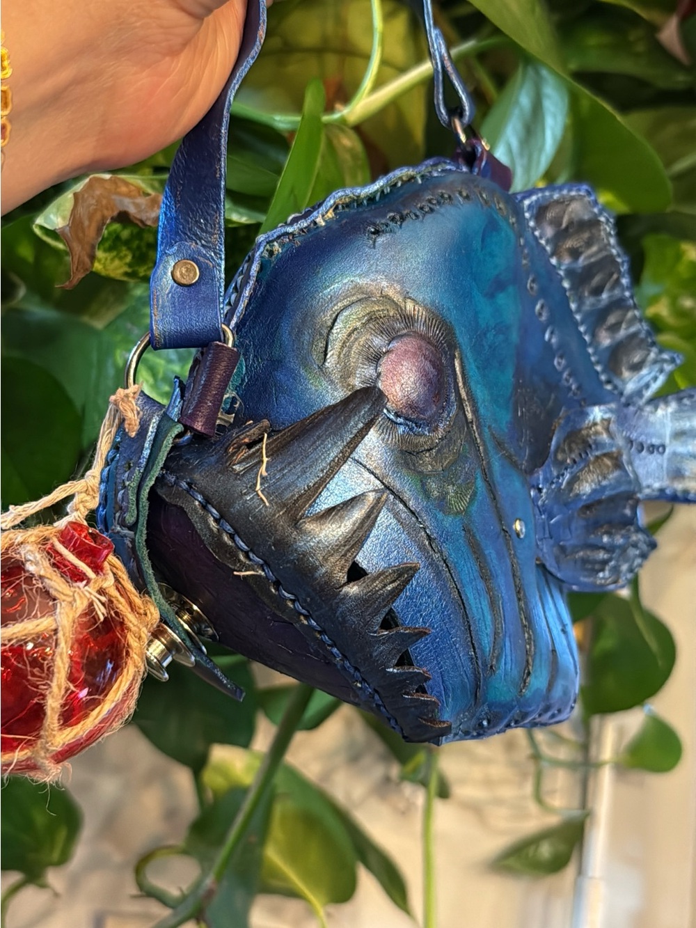 Handmade Blue Leather Angler Fish Bag